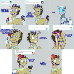 Size: 2254x2254 | Tagged: safe, artist:jitterbugjive, doctor whooves, time turner, oc, oc:neosurgeon, pony, robot, robot pony, lovestruck derpy, g4, ask, fez, hat, high res, hologram, not doctor whooves, solo, tumblr