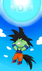 Size: 614x1024 | Tagged: safe, artist:skitter, edit, oc, oc only, oc:filly anon, earth pony, pony, semi-anthro, arm hooves, boots, clothes, cloud, crossover, dragon ball, dragon ball z, eyes closed, female, filly, gritted teeth, no u, shoes, solo, son goku, spirit bomb, torn clothes, wristband