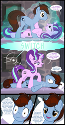Size: 1240x2369 | Tagged: safe, artist:culu-bluebeaver, starlight glimmer, oc, oc:bluehooves, earth pony, pony, unicorn, comic:the newcomer, g4, the cutie map, aftersex, bed, bedroom eyes, blushing, canon x oc, comic, dialogue, equal cutie mark, female, glimmooves, glowing horn, horn, imminent sex, lidded eyes, looking at each other, magic, male, mare, s5 starlight, show accurate, stallion