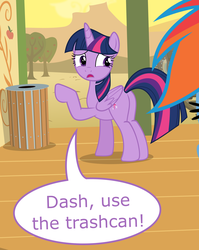 Size: 2618x3294 | Tagged: source needed, useless source url, safe, rainbow dash, twilight sparkle, alicorn, pony, g4, butt, high res, out of context, plot, speech bubble, trash can, twibutt, twilight sparkle (alicorn)