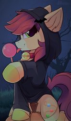 Size: 1300x2200 | Tagged: safe, artist:shadowreindeer, oc, oc only, oc:bead trail, pony, candy, commission, ear fluff, female, food, halloween, holiday, mare, not apple bloom, solo, ych result
