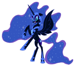 Size: 1484x1308 | Tagged: safe, artist:mjangelvortex, derpibooru exclusive, nightmare moon, alicorn, pony, g4, armor, digital art, ethereal mane, fangs, female, horses doing horse things, mare, rearing, simple background, solo, spread wings, trace, transparent background, wings
