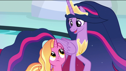 Size: 1920x1080 | Tagged: safe, screencap, luster dawn, twilight sparkle, alicorn, pony, unicorn, g4, the last problem, carpet, concave belly, confused, crown, curious, duo, ethereal mane, female, folded wings, happy, jewelry, looking at each other, mare, older, older twilight, older twilight sparkle (alicorn), peytral, princess twilight 2.0, regalia, slender, smiling, tall, teacher and student, thin, throne room, twilight sparkle (alicorn), wings
