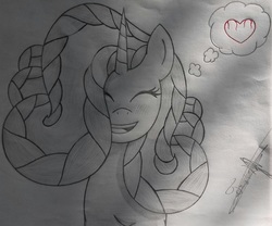 Size: 2210x1836 | Tagged: safe, artist:mathematiciennejusticiere, oc, oc only, oc:harmony heart, alicorn, pony, eyes closed, heart, smiling, solo, traditional art