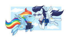 Size: 2269x1241 | Tagged: safe, artist:melodyclerenes, rainbow dash, soarin', pegasus, pony, g4, the last problem, boop, captain whistle, clothes, eyes closed, female, male, mare, noseboop, old cutie mark, older, older rainbow dash, older soarin', older soarindash, ship:soarindash, shipping, smiling, stallion, straight, whistle, whistle necklace