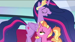 Size: 1920x1080 | Tagged: safe, screencap, luster dawn, twilight sparkle, alicorn, pony, unicorn, g4, the last problem, carpet, crown, duo, eyes closed, female, jewelry, lidded eyes, mare, mid-blink screencap, older, older twilight, older twilight sparkle (alicorn), open mouth, out of context, princess twilight 2.0, regalia, teacher and student, throne room, twilight sparkle (alicorn)
