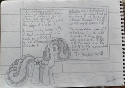 Size: 2672x1872 | Tagged: safe, artist:mathematiciennejusticiere, oc, oc only, oc:harmony heart, alicorn, pony, chalkboard, heart, math, solo, traditional art, wooden walls