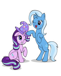 Size: 1024x1280 | Tagged: safe, artist:ambergerr, starlight glimmer, trixie, pony, unicorn, g4, accessory swap, bipedal, bipedal leaning, clothes, duo, female, grin, hat, leaning, lesbian, mare, one eye closed, open mouth, raised hoof, ship:startrix, shipping, simple background, sitting, smiling, sparkly eyes, transparent background, trixie's hat, wingding eyes