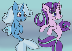 Size: 1291x909 | Tagged: safe, artist:cmara, starlight glimmer, trixie, seapony (g4), unicorn, g4, dorsal fin, female, fin, fish tail, flowing mane, flowing tail, gradient background, horn, lesbian, mare, ocean, seaponified, seapony starlight glimmer, seapony trixie, ship:startrix, shipping, smiling, species swap, swimming, tail, underwater, water