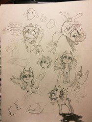 Size: 960x1280 | Tagged: safe, artist:amphoera, oc, oc:shadow tag, bat pony, pegasus, pony, unicorn, beanbrows, butt wings, chest fluff, eyebrows, fangs, horn, sketch, sketch dump, speech bubble, spread wings, traditional art, wings