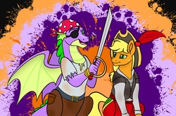 Size: 2387x1588 | Tagged: safe, artist:bella-pink-savage, applejack, spike, dragon, pony, g4, clothes, costume, cute, eyepatch, female, halloween, halloween costume, holiday, male, older, older spike, pirate, pirate costume, ship:applespike, shipping, straight, sword, weapon, winged spike, wings