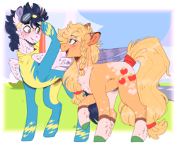 Size: 1078x882 | Tagged: safe, artist:wanderingpegasus, applejack, soarin', earth pony, pegasus, pony, g4, blushing, braid, chest fluff, clothes, coat markings, colored hooves, cutie mark, ear fluff, eye contact, female, fluffy, goggles, heart eyes, looking at each other, male, mare, open mouth, pale belly, ship:soarinjack, shipping, smiling, socks (coat markings), stallion, straight, tail wrap, uniform, wingding eyes, wonderbolts uniform