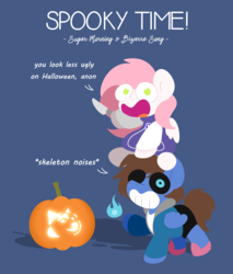 Size: 2560x3000 | Tagged: safe, artist:sugar morning, oc, oc only, oc:bizarre song, oc:sugar morning, pegasus, pony, clothes, costume, couple, doge, female, fire, halloween, high res, holiday, knife, male, mare, pumpkin, sans (undertale), simple background, slippers, stallion, sugarre, text, toriel, undertale