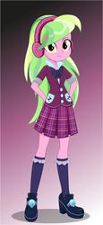 Size: 1920x4157 | Tagged: safe, artist:diilaycc, lemon zest, equestria girls, g4, bowtie, clothes, crystal prep academy uniform, cute, female, gradient background, hand on hip, headphones, high heels, kneesocks, looking at you, plaid skirt, pleated skirt, school uniform, shoes, skirt, smiling, socks, solo, zestabetes