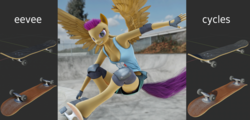 Size: 3735x1800 | Tagged: safe, artist:stellarator, scootaloo, pegasus, anthro, unguligrade anthro, g4, 3d, action pose, armpits, asset release, blender, blender cycles, bokeh, breasts, cleavage, clothes, cutie mark on clothes, cycling gloves, dutch angle, elbow pads, female, fingerless gloves, gloves, knee pads, mare, model download, not sfm, older, older scootaloo, rainbow dash's cutie mark, shorts, skate park, skateboard, skateboarding, skaterloo, solo, tank top