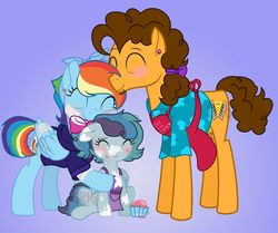 Size: 1280x1068 | Tagged: safe, artist:superrosey16, cheese sandwich, rainbow dash, oc, oc:cupcake, earth pony, pegasus, pony, g4, alternate hairstyle, apron, cheesedash, clothes, eyes closed, female, filly, gradient background, male, mare, offspring, older, parent:cheese sandwich, parent:rainbow dash, parents:cheesedash, shipping, smiling, stallion, straight, stubble