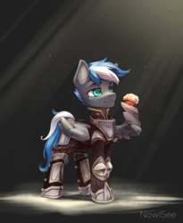 Size: 2046x2500 | Tagged: safe, artist:inowiseei, oc, oc only, oc:cloud zapper, pegasus, pony, armor, commission, food, high res, male, muffin, solo, wing hands, wings