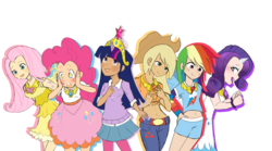 Size: 4012x2223 | Tagged: safe, artist:s0s0chan, applejack, fluttershy, pinkie pie, rainbow dash, rarity, twilight sparkle, human, g4, alternative cutie mark placement, belly button, big crown thingy, blushing, bracelet, clothes, cowboy hat, cute, element of generosity, element of honesty, element of kindness, element of laughter, element of loyalty, element of magic, elements of harmony, female, freckles, hand on hip, hat, horn, horned humanization, humanized, jeans, jewelry, legs, mane six, midriff, necklace, open mouth, pants, pantyhose, pleated skirt, regalia, short shirt, shorts, simple background, skirt, stetson, thighs, white background, winged humanization
