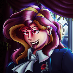 Size: 1639x1639 | Tagged: safe, artist:mandy1412, sunset shimmer, human, vampire, g4, dracula, ear piercing, earring, female, halloween, holiday, humanized, jewelry, piercing, solo, tongue out