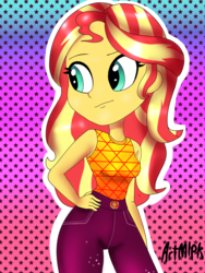 Size: 1536x2048 | Tagged: safe, artist:artmlpk, sunset shimmer, equestria girls, equestria girls series, g4, let it rain, spoiler:eqg series (season 2), cute, fanart, female, geode of empathy, hand on hip, looking back, magical geodes, shimmerbetes, solo
