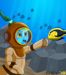 Size: 1332x1500 | Tagged: safe, artist:chrisfhey, oc, oc:sea glow, fish, pony, blue coat, bubble, commission, diving, diving helmet, diving suit, green mane, reaching, rock, scuba diving, scuba gear, smiling, underwater, yellow eyes