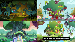 Size: 1285x724 | Tagged: safe, pony, g4, fluttershy's cottage, golden oaks library, meadowbrook's home, tree, zecora's hut