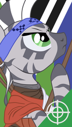 Size: 900x1583 | Tagged: safe, artist:aaronmk, oc, zebra, fallout equestria, headband, spear, weapon, zebra oc