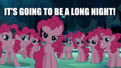 Size: 584x329 | Tagged: safe, edit, edited screencap, screencap, pinkie pie, earth pony, pony, g4, too many pinkie pies, caption, clone, female, image macro, looking at you, mare, pinkie clone, text