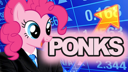 Size: 1280x720 | Tagged: safe, edit, pinkie pie, earth pony, anthro, pony head on human body, g4, arrow, clothes, female, meme, open mouth, ponified meme, ponk, smiling, solo, stonks, suit, text