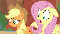 Size: 1920x1080 | Tagged: safe, screencap, applejack, fluttershy, earth pony, pegasus, pony, g4, sounds of silence, duo, female, mare