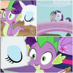 Size: 2896x2896 | Tagged: safe, edit, edited screencap, screencap, rarity, spike, twilight sparkle, dragon, pony, unicorn, g4, my little pony best gift ever, secret of my excess, cheek kiss, cutie mark, female, high res, kiss mark, kissing, lipstick, male, mare, ship:sparity, shipping, straight