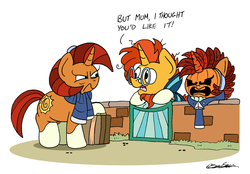 Size: 2378x1653 | Tagged: safe, artist:bobthedalek, stellar flare, sunburst, pony, unicorn, g4, blaze (coat marking), carrot, clothes, coat markings, dialogue, duo, facial markings, female, food, gate, halloween, holiday, insulted, jack-o-lantern, male, mare, mother and son, pumpkin, scarf, socks (coat markings), sons gonna son, stallion, stellar flare is not amused, suitcase, sunburst is a goddamn moron, this will end in pain, unamused