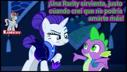 Size: 960x540 | Tagged: safe, edit, edited screencap, screencap, rarity, spike, dragon, pony, unicorn, g4, the cutie re-mark, alternate hairstyle, alternate timeline, female, male, mare, night maid rarity, nightmare takeover timeline, ship:sparity, shipping, spanish, straight, translated in the description
