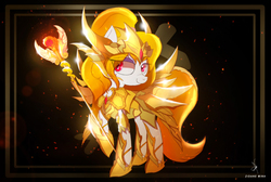 Size: 1680x1130 | Tagged: safe, artist:zidanemina, oc, oc only, oc:equalis, pony, anime, armor, crossover, female, golden armor, mare, ophiuchus, red eyes, saint seiya, scepter, smiling, solo
