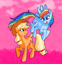 Size: 840x870 | Tagged: safe, artist:pharosite, applejack, rainbow dash, earth pony, pegasus, pony, g4, cowboy hat, eye contact, female, flying, hat, lesbian, looking at each other, mare, ship:appledash, shipping
