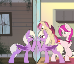 Size: 4136x3548 | Tagged: safe, artist:beardie, oc, oc only, oc:beaming heart, oc:pinkfull night, oc:ruby radiance, bat pony, pony, unicorn, abandoned, brave, broken mirror, broken window, clothes, commission, family, female, filly, kitchen, looking at each other, mare, messy mane, mirror, past and present, sad, scarf, scratches, smiling, teenager, this will end in happiness