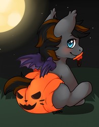 Size: 998x1280 | Tagged: safe, artist:liffu, oc, oc:stardust wayfinder, bat pony, pony, baby, baby pony, bat pony oc, bat wings, blank flank, blushing, cute, cute little fangs, diaper, ear tufts, fangs, halloween, holiday, looking back, male, night, nightmare night, pacifier, poofy diaper, smiling, solo, wings, ych result, younger