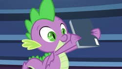 Size: 1920x1080 | Tagged: safe, screencap, spike, dragon, pony, g4, the last problem, book, comic, male, solo, winged spike, wings