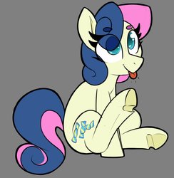 Size: 921x942 | Tagged: safe, artist:lockheart, bon bon, sweetie drops, earth pony, pony, g4, :p, adorabon, beanbrows, cute, eye clipping through hair, eyebrows, eyebrows visible through hair, female, gray background, mare, simple background, sitting, solo, tongue out, underhoof