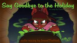 Size: 1192x670 | Tagged: safe, artist:cadetredshirt, oc, oc only, oc:cadetpone, earth pony, pony, cauldron, clothes, cover art, determined, glasses, say goodbye to the holiday, simple background, solo, song reference, text, thumbnail