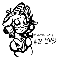 Size: 2963x2966 | Tagged: safe, artist:coco-drillo, pinkie pie, earth pony, pony, g4, bandage, bandaid, blushing, chest fluff, ear fluff, female, floppy ears, heart, high res, injured, inktober, monochrome, pinktober, solo, swirly mane, teary eyes