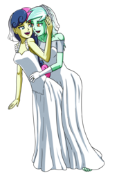 Size: 2067x3000 | Tagged: safe, artist:artemis-polara, bon bon, lyra heartstrings, sweetie drops, equestria girls, g4, barefoot, breasts, canon ship, clothes, dress, feet, female, gay marriage, hand on head, heart eyes, high res, lesbian, marriage, married couple, open mouth, ring, ship:lyrabon, shipping, simple background, smiling, toes, transparent background, wedding dress, wedding ring, wedding veil, wingding eyes