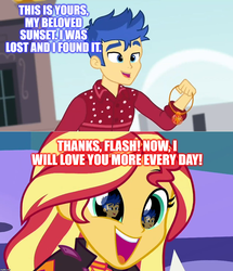 Size: 1196x1392 | Tagged: safe, edit, edited screencap, screencap, flash sentry, sunset shimmer, cheer you on, equestria girls, g4, my little pony equestria girls: better together, wake up!, wake up!: pinkie pie, female, geode of empathy, magical geodes, male, meme, ship:flashimmer, shipping, straight, sugar rush