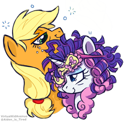 Size: 2717x2646 | Tagged: safe, artist:virtualkidavenue, applejack, rarity, earth pony, pony, unicorn, g4, bust, female, hair curlers, high res, lesbian, mare, ship:rarijack, shipping, simple background, transparent background