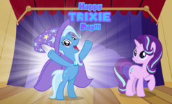 Size: 4057x2452 | Tagged: safe, artist:andoanimalia, starlight glimmer, trixie, g4, bipedal, hooves in air, trixie day, wallpaper, y pose