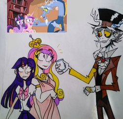 Size: 2732x2657 | Tagged: safe, artist:citi, screencap, discord, princess cadance, twilight sparkle, alicorn, human, g4, three's a crowd, blue flu, bookshelf, glass of water, golden oaks library, high res, humanized, screencap reference, sisters-in-law, traditional art, twilight sparkle (alicorn)