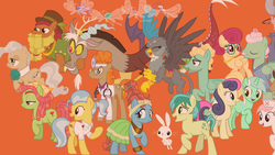 Size: 1920x1080 | Tagged: safe, screencap, angel bunny, bon bon, cattail, cotton (g4), discord, doctor fauna, doctor muffin top, doctor whooves, gabby, gentle breeze, iron will, lyra heartstrings, mayor mare, meadowbrook, nurse redheart, posey shy, sandbar, sweetie drops, time turner, tree hugger, twinkle (g4), twirly, zephyr breeze, breezie, draconequus, earth pony, griffon, minotaur, pegasus, pony, rabbit, g4, the last problem, animal, doctor, female, male, mare, orange background, simple background, stallion, unnamed breezie, unnamed character