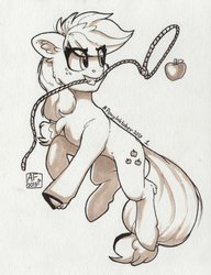 Size: 2687x3500 | Tagged: safe, artist:airfly-pony, applejack, earth pony, pony, g4, apple, cheek fluff, chest fluff, ear fluff, eye clipping through hair, female, food, grayscale, high res, inktober, inktober 2019, lasso, leg fluff, mare, monochrome, mouth hold, rope, solo, traditional art