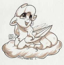 Size: 3455x3500 | Tagged: safe, artist:airfly-pony, vapor trail, pegasus, pony, g4, cloud, cute, female, floppy ears, grayscale, high res, inktober, inktober 2019, looking up, mare, monochrome, open mouth, prone, smiling, solo, traditional art, vaporbetes