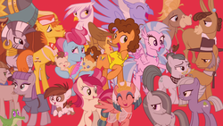 Size: 1920x1080 | Tagged: safe, screencap, boneless, boneless 2, carrot cake, cheese sandwich, cloudy quartz, cranky doodle donkey, cup cake, gilda, gummy, igneous rock pie, limestone pie, marble pie, matilda, maud pie, mudbriar, pipsqueak, pound cake, prince rutherford, pumpkin cake, roseluck, silverstream, sky beak, somnambula, zecora, classical hippogriff, donkey, earth pony, griffon, hippogriff, pegasus, pony, unicorn, yak, zebra, g4, the last problem, ^^, baby, baby pony, cake family, colt, eyes closed, female, foal, male, mare, open mouth, red background, rubber chicken, simple background, stallion, the magic of friendship grows
